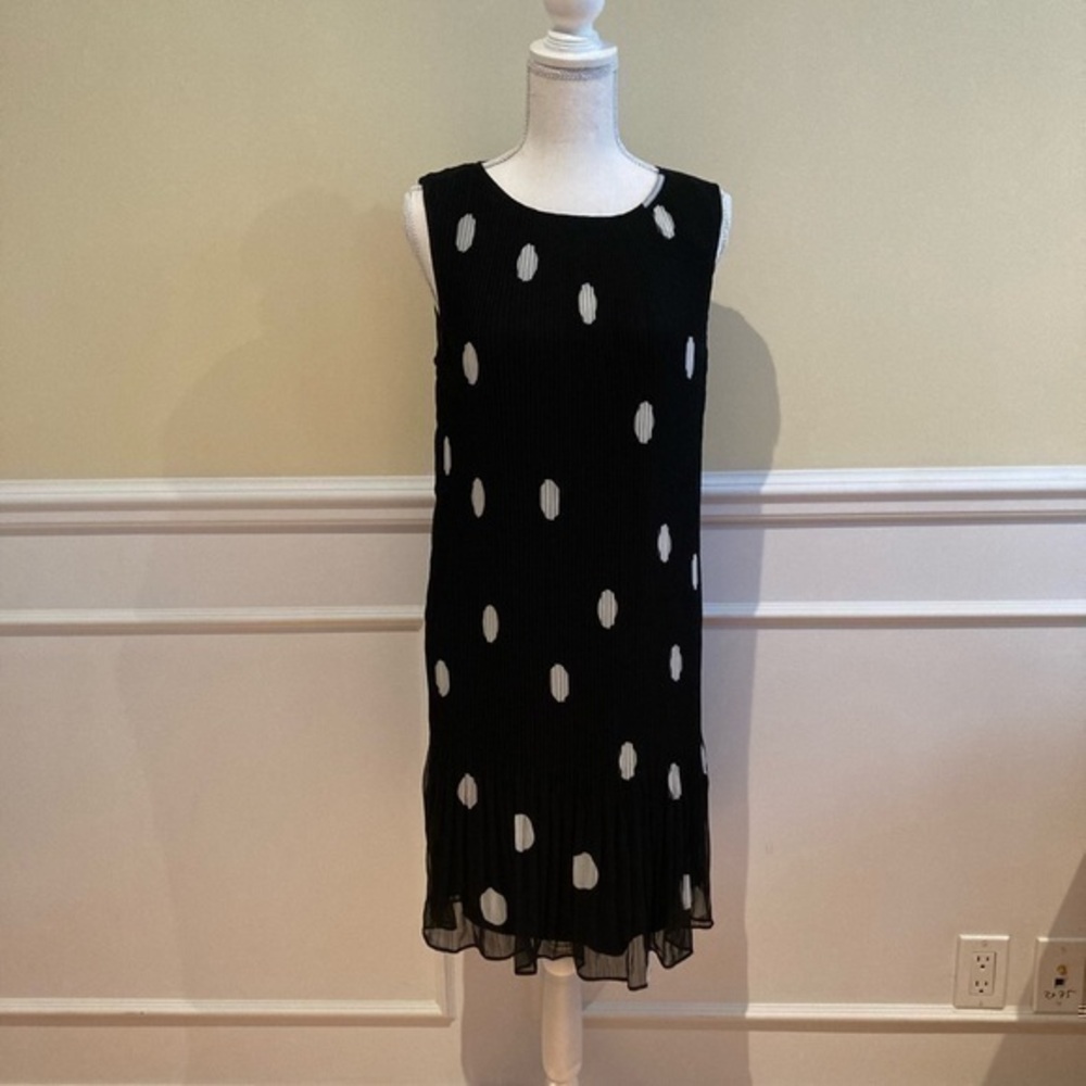 NWOT DKNY Pleated Sleeveless Midi Dress, Black, White, Polka Dots, Size 10 - Picture 1 of 6